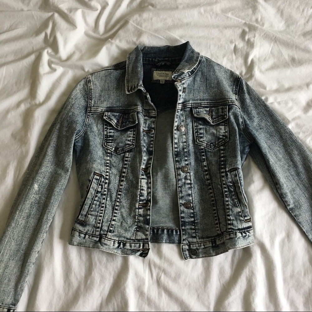 I Love H81 Acid Wash Cropped Blue Jean Jacket